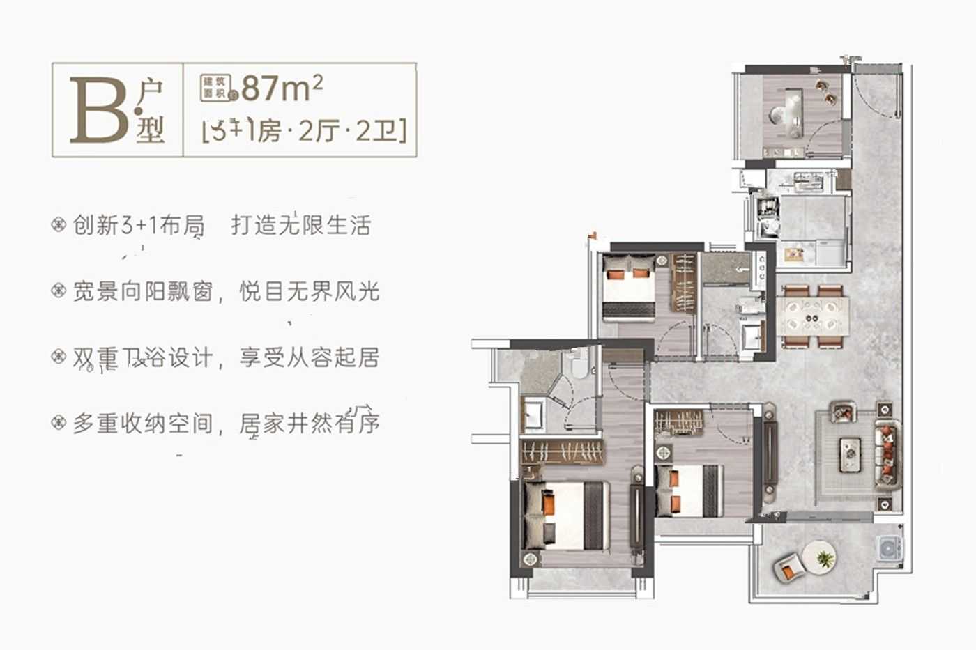 珠江广钢花城3室户型图67-87㎡