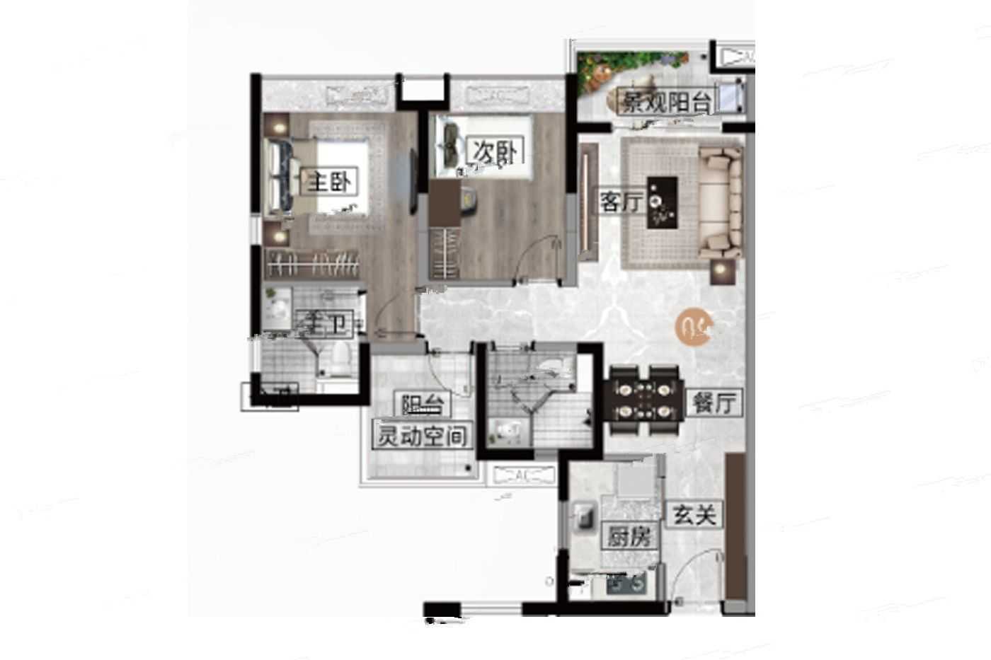 融创翔龙廣府壹號2室户型图75-85㎡