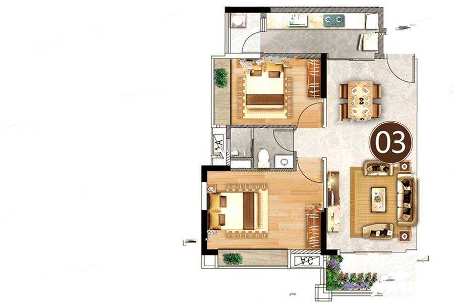 广地花园观灏2室户型图74-85㎡