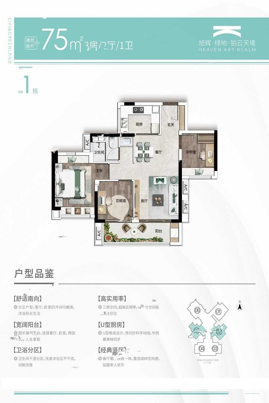 旭辉光屿南方3室户型图75-89㎡